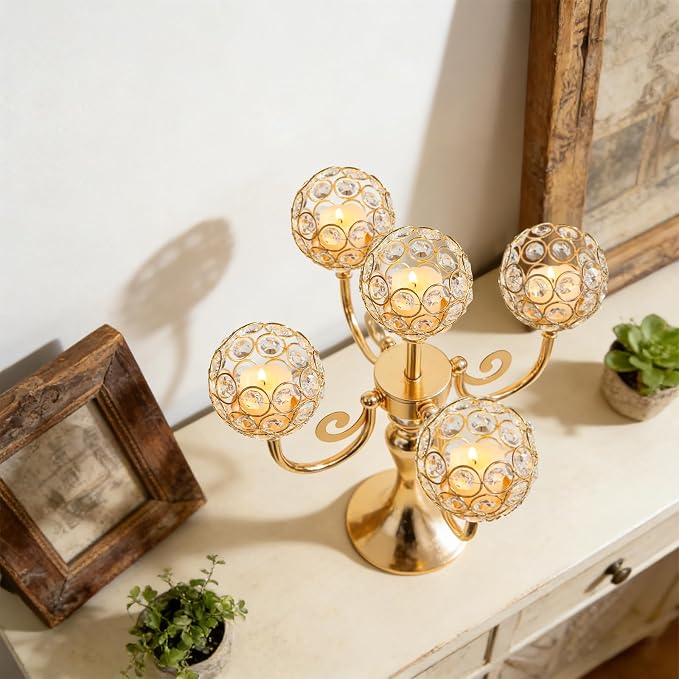 5 Arm Metal Crystal Candelabra Centerpiece - 13.4 Inch Elegant Candle Holder with Crystal Beads for Wedding Party Christmas Home Dining Table Decoration (4, Gold)