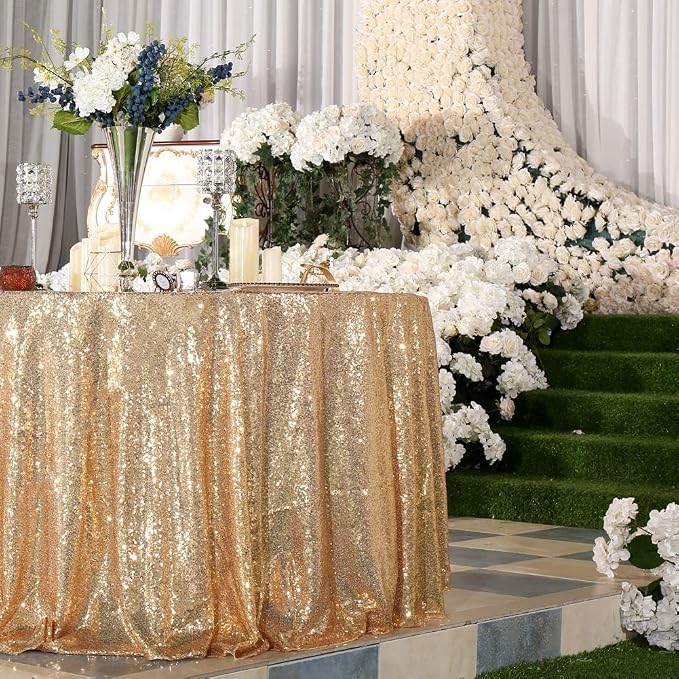 Juya Delight 120'' Round Sequin Tablecloth Light Gold Glitter Table Cloth for Party Wedding Birthday Baby Shower Decorations