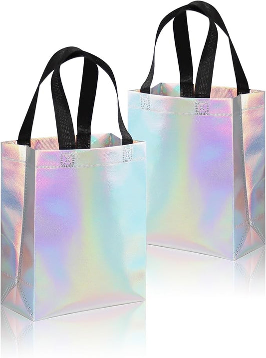 huichuan 12 Pack Iridescent Reusable Gift Bags with Handles Bulk, Holographic Rainbow Small Gift Bag for Women Kids, Eco-Friendly Non-Woven Party Favor Goodie Bags for Birthday, Valentine, Baby Shower, Wedding Treats