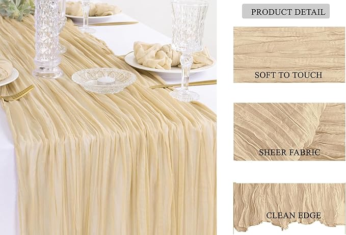 MDS Pack of 2 Cheesecloth Table Runner 35x120 Inch, 10FT Long Gauze Cheese Cloth Table Runner for Wedding Party Birthday Bridal Shower Farmhouse Garden Boho Rustic Table Decoration - Champagne