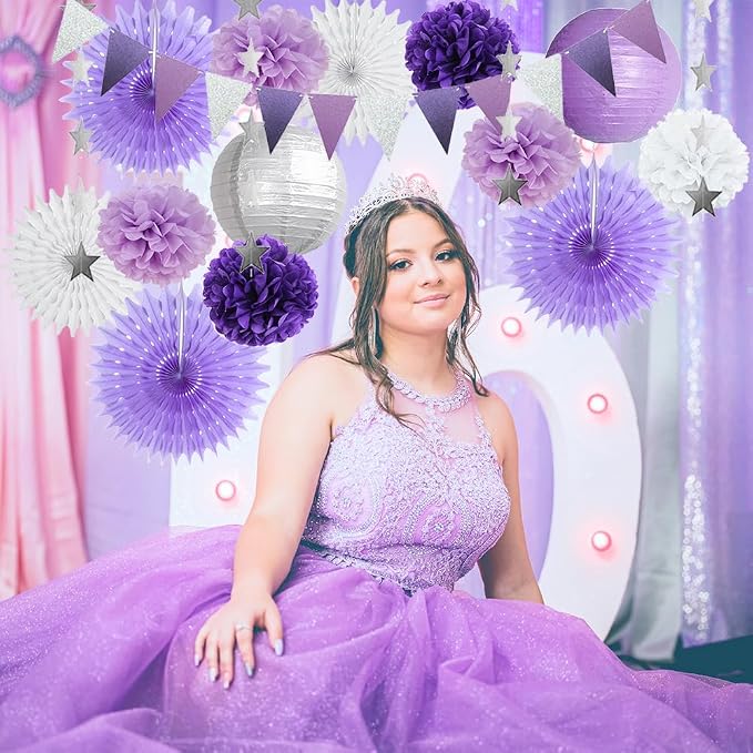 Purple White and Silver Party Decorations Lanterns Fans Poms Light Purple and Silver Party Decorations for Graduation Baby Shower Bridal Shower Wedding Birthday Purple Silver White Party Decorations
