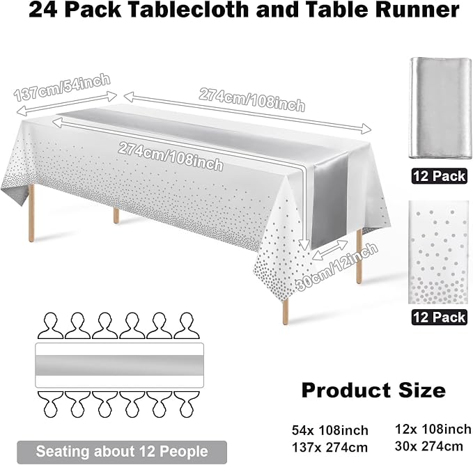 MASHAN 24Pack Disposable Plastic Tablecloths and Satin Table Runner Set White and Silver Dot Tablecloth Silver Satin Table Runner for Wedding Birthday Baby Shower Christmas New Year Party Decorations