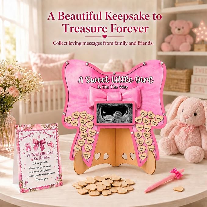 Pink Bow Baby Shower Decorations,A Sweet Baby Girl Is On The Way BabyShower Guest Book Alternatives with Pen,Photo Frame and 60 Heart Wood Slices for 60 Guests