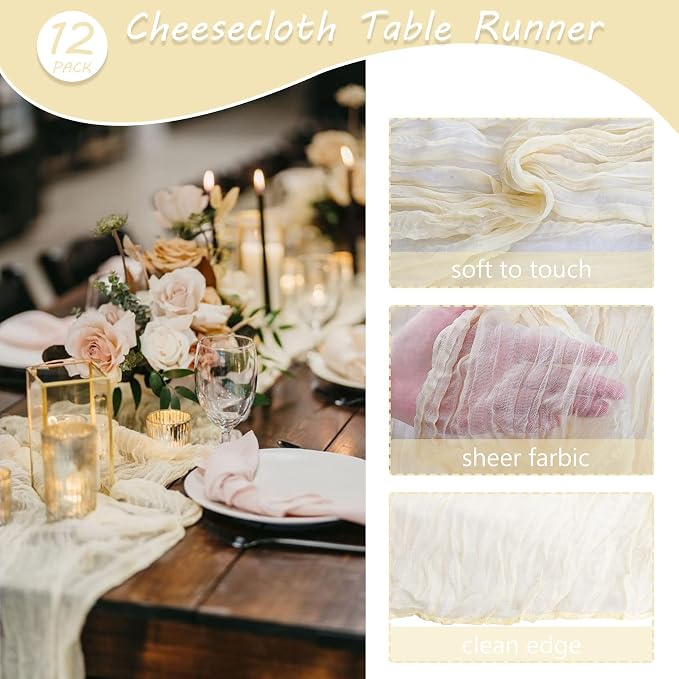 12 Pack 10Ft Cheesecloth Table Runner 35x120 Inch Boho Gauze Rustic Cheese Cloth Long Romantic Table Runner for Wedding Bridal Shower Birthday Party Table Decor (Beige)