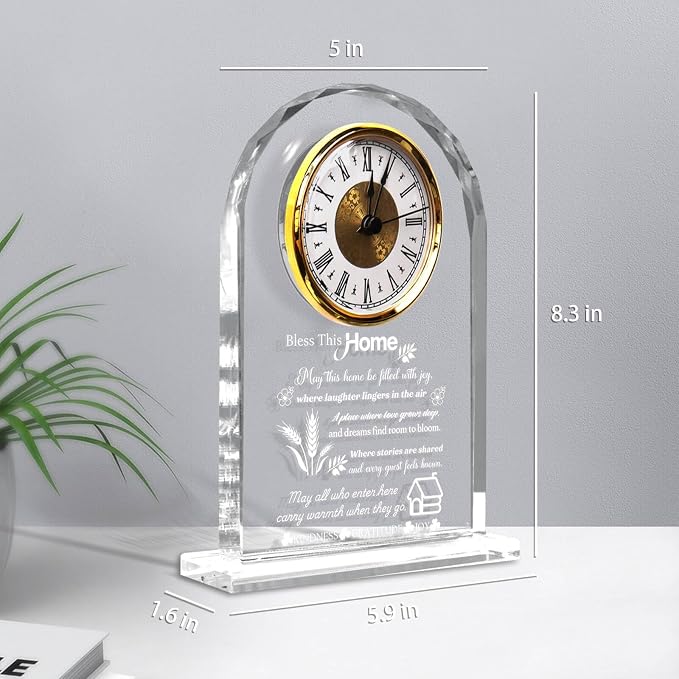Housewarming Gifts for New Home, Engraved Crystal Glass Clock with Blessing Words, Elegant Home Decoration for Desk, Office, Bedroom - Unique House Warming Gift for Women, Men, Couples, Family
