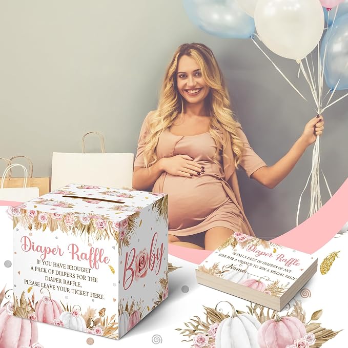 Teling 51 Pieces Diaper Raffle Tickets with Card Box Baby Shower Decorations Baby Shower Holder Box for Girl Boy Diaper Raffle Party(Boho Pumpkin)