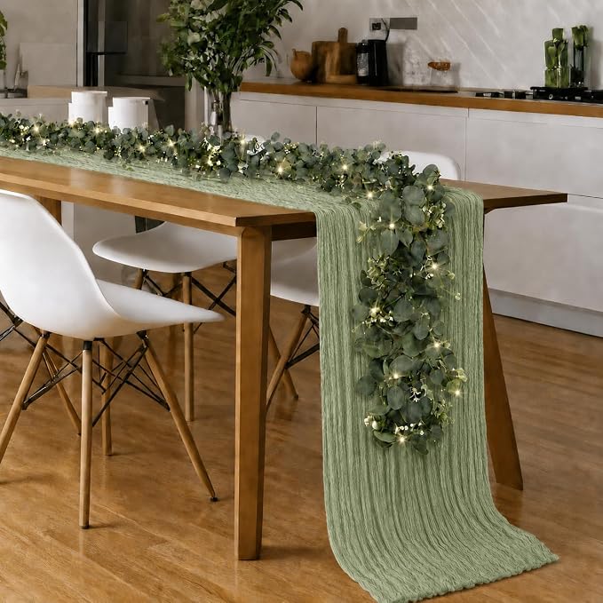 Cinrobiye 11pcs Cheesecloth Table Runner Set 120 Inch – Gauze Table Runner with Napkins, Eucalyptus Garland & String Lights for Wedding Baby Shower Table Decor, Rustic Boho
