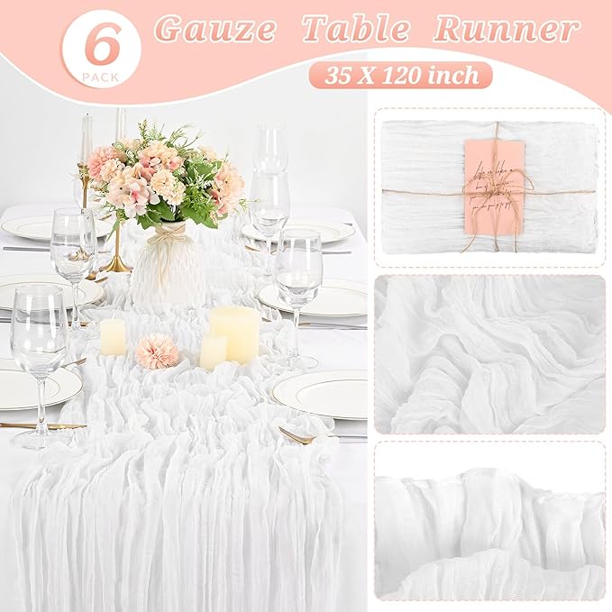 6 Pcs White Cheesecloth Table Runner 10FT, Gauze Table Runner for Wedding Reception Sheer Bridal Shower Birthday Party Boho Table Decoration, Rustic Romantic Wedding Runner