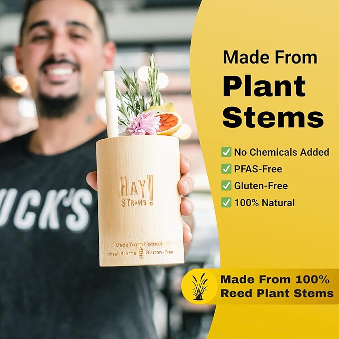 Hay Straws 8 inch Compostable Drinking Straw Eco Friendly, 250 Count Biodegradable Disposable Straw for Juices, Smoothies, Sturdy Plant-Stem Straws, No Paper, Plastic-Free (5–6.5mm)