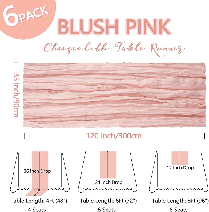 6 Pack Blush Pink Table Runner Cheesecloth 10Ft Spring Gauze Cheese Cloth Table Runner 35x120 Inch Boho Sheer Rustic Fabric for Holiday Party Decor Baby Shower Wedding Decorations