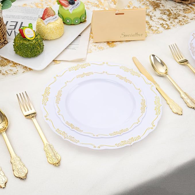 DaYammi 150Pcs White Gold Plastic Plates & Plastic Silverware, Gold Disposable Plates for Party Include 30 Dinner Plate, 30 Dessert Plate, 30 Knives, 30 Forks, 30 Spoons for Party Wedding