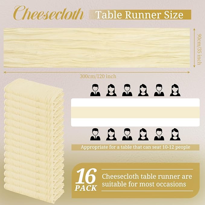16 Pack Cheesecloth Boho Gauze 35120 Inch Rustic Romantic Long Table Runner for Wedding Party Bridal Shower Thanksgiving Christmas Decoration (Ivory)