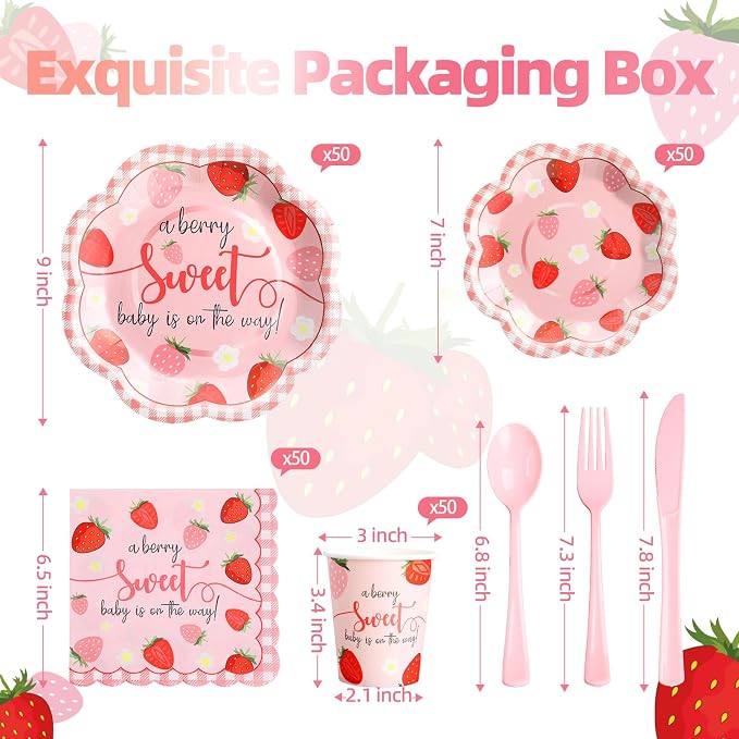 Strawberry Baby Shower Decorations for Girl, Baby Shower Plates and Cups and Napkins Sets Serves 50, Strawberry Plates, A Berry Sweet baby Is On The Way Decorations, Berry Sweet baby shower