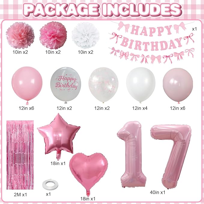 17th Birthday Decorations for Girls Pink Number 17 Balloon Bow Coquette Happy Birthday Banner Fringe Curtain Paper Pom Poms Star Heart Foil Pink White Balloons 17 Year Old Party Decor for Her