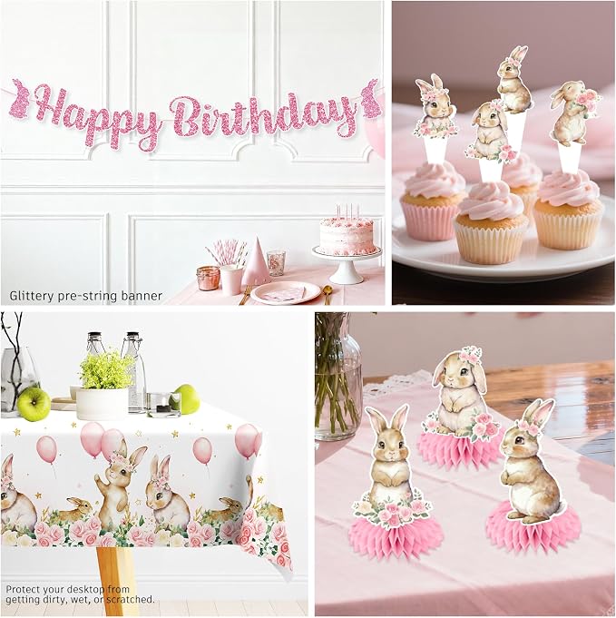 Xynic 205pcs Bunny Birthday Decorations Complete Tableware Set, for 25 Guests, Pink Bunny Party Decorations Girl, Includes Banner Hanging Swirls Plates Napkins Balloons Caketopper Tablecloths