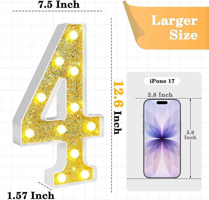 12.6 Inch LED Gold Marquee Light Up Numbers, 4th Birthday Decorations Number Lights as Gifts for Girls Boys, Glitter Lighted Marquee Numbers for Golden Anniversary Party Table Decor, 4