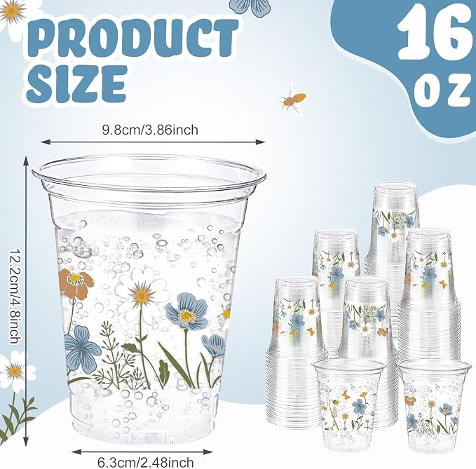 Hushee Blue Boho Floral 60 Pcs Party Cups 16 oz Plastic Disposable Drinking Cups for Birthday Love Baby in Bloom Baby Shower Summer Fresh off The Market Bridal Shower Decorations Supplies