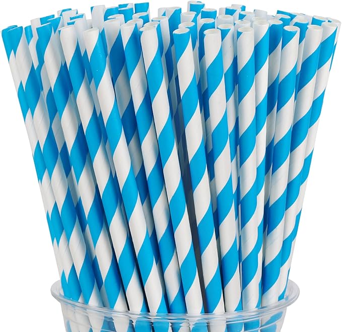 100 Packs Blue Biodegradable Striped Paper Straws, Disposable Drinking Straws for Birthday Carnival Summer Pool Party Wedding Baby Shower Halloween Christmas Party Decoration Supplies