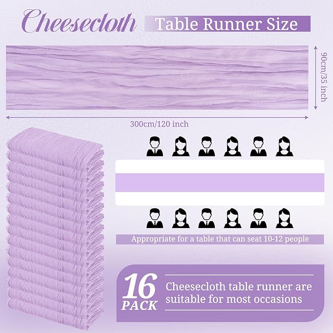 16 Pack Cheesecloth Boho Gauze 35120 Inch Rustic Romantic Long Table Runner for Wedding Party Bridal Shower Thanksgiving Christmas Decoration (Lavender)