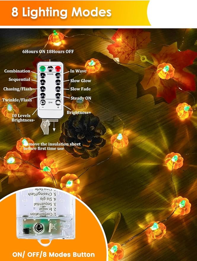 2 Pack 60LED Fall Decorations 3D Pumpkin String Lights Battery Operated, 20FT Orange Fall Lights with Remote & Timer, Waterproof 8 Modes Fairy Twinkle Light for Harvest Thanksgiving Halloween Decor