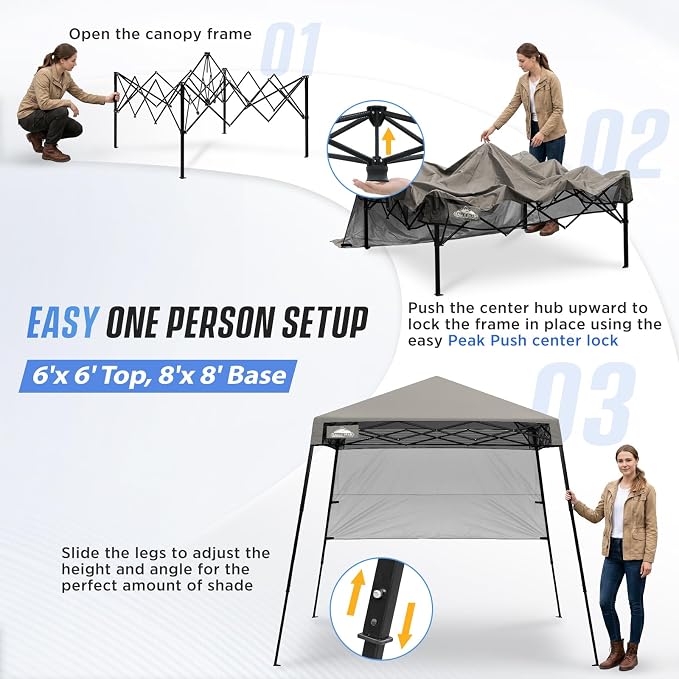 EAGLE PEAK 8x8 Pop Up Canopy Tent with Sidewall, Compact, Portable Slant Leg Instant Sun Shelter for Beach, Sports, & Camping, 8x8 Base 6x6 Top, Light Brown