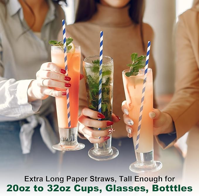 10 Inch Long Disposable Drinking Straws Paper - Navy Blue Striped, 100 Counts - 100% Biodegradable