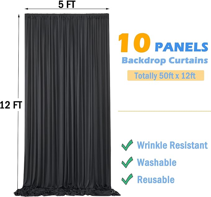 50ftx12ft Wrinkle Free Black Backdrop Curtains for Parties, 10 Panels 5x12FT Long Silky Polyester Photo Backdrop Drapes Back Drop Cloth for Wedding Birthday Photography Background Decor