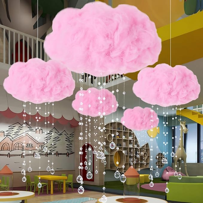 Marsui Artificial Cloud Props LED Hanging Pink Light String Fake Imitation 3D Cotton Cloud Classroom School Decor Raindrop for Room Ceiling Baby Shower Party Wedding Nursery Wall DIY Decor(4 Pcs)