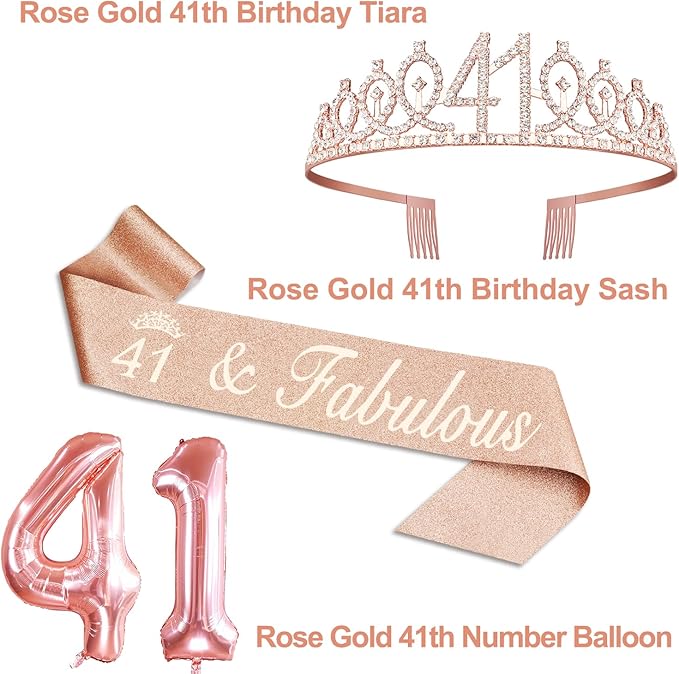 41st Birthday Decorations for Women, Include 41st Birthday Sash and Tiara, Cake Topper and Candles, Number Balloons, 41 Year Old Gifts for Women
