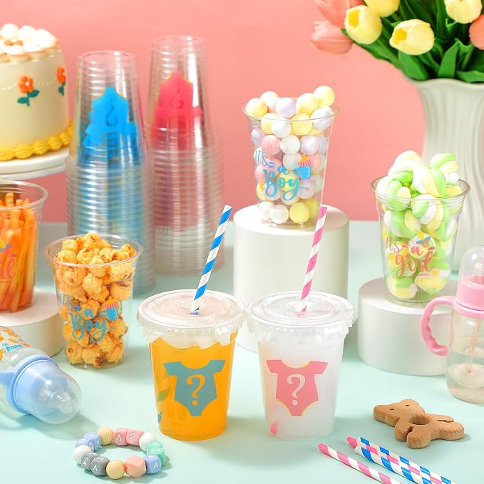 FoldTier 50 Pcs Gender Reveal Cups Gender Reveal Party Supplies 12 oz Party Plastic Cups Boy or Girl Transparent Cup with Lids Straws Blue and Pink Baby Shower Decorations It's a Boy or It's a Girl