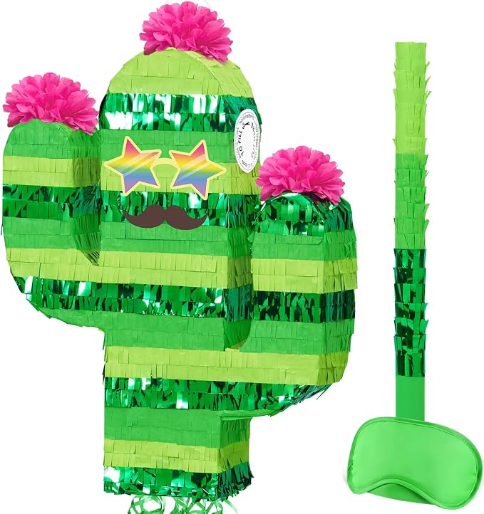 WERNNSAI Cinco De Mayo Cactus Piñata - Mexican Party Decorations Pull String Piñata Bundle with Blindfold and Bat Mexican Piñata for Fiesta Party Decorations Luau Event Carnivals Festivals Supplies