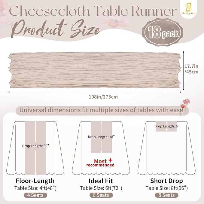 18 Pack Rosy Brown Cheesecloth Table Runner 17 x 108 inch Boho Gauze Table Runner Rustic Sheer Cheese Cloth Table Decorations for Wedding Party Baby Bridal Shower Birthday Holiday Home