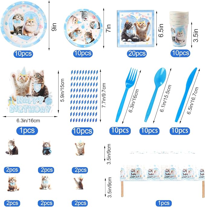 141Pcs Cat Birthday Decorations, Cat Birthday Party Supplies, Cat Birthday Party Decorations Include Plates Cups Napkins Tablecloth Balloons Cake Toppers for Kids Party