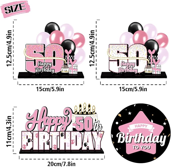 LINGTEER Happy 50th Birthday Pink Acrylic Table Topper Centerpieces Set - Cheers to 50 Years Old Birthday Fifty Bday Party Gift Decorations.