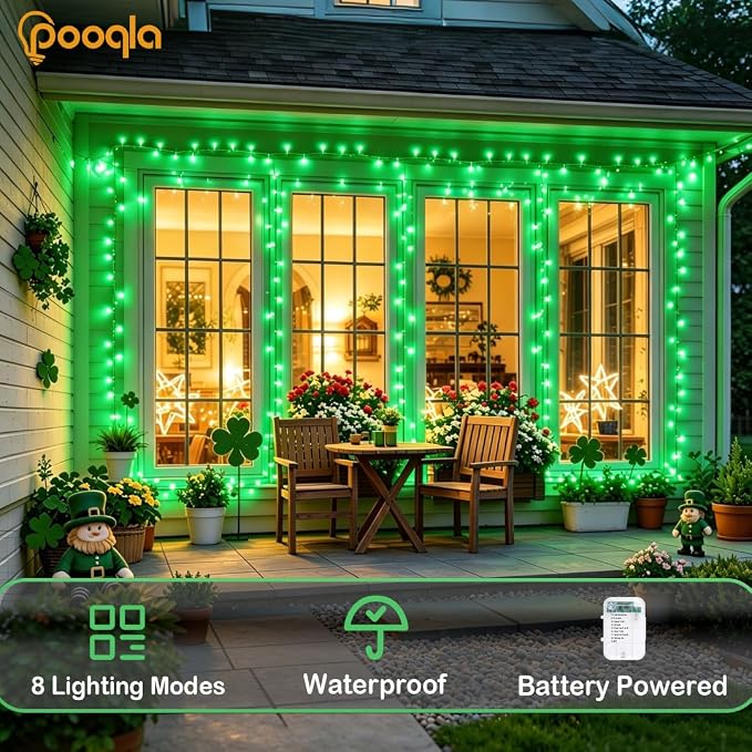 Pooqla 4 Pack String Lights Battery Operated, Total 66.6ft 200 LED Fairy Lights Indoor Outdoor Decorations, 8 Modes Green Battery Christmas Lights for ST Patrick's Day Halloween Porch Party Yard Decor