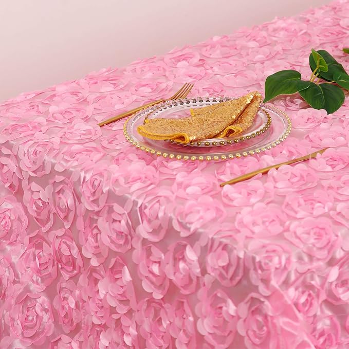 Fanqisi Pink Rosette Tablecloth 50x80 Inches Wholesale Rectangle Table Cover Rosette 3D Satin Tablecloth for Dinner Wedding Birthday Party Reception Table Decoration