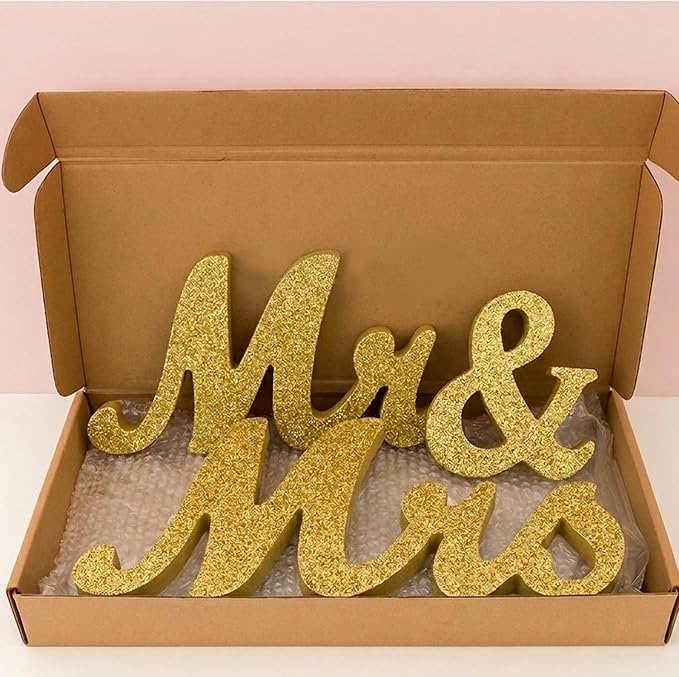Mr & Mrs Sign for Wedding Table, Wedding Decorations for Reception, Large Wooden Letters Centerpieces Decor for Sweetheart Table, Ceremony, Anniversary, Party and Valentine's Day(Golden)