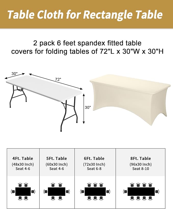 Fixwal Ivory Stretch Table Cloth Rectangle 2 Pack 6Ft, Spandex Fitted Table Covers Washable for Party, Trade Show, Banquet, Wedding, Buffet