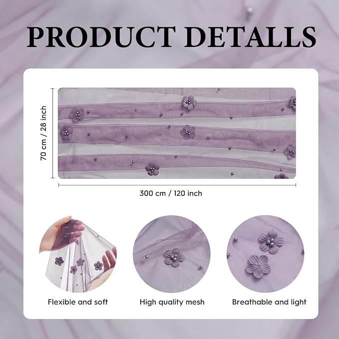 Artoid Mode Purple Flower Pearl Purple Gauze Table Runner 10FT, Seasonal Sheer Dining Holiday Wedding Birthday Baby Shower Table Decor for Home Party