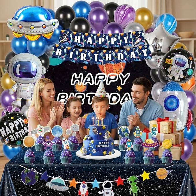 PTORZINY Outer Space Party Decorations, Astronaut Birthday Decorations, Space Decoration, Birthday Party Supplies Includes Space Balloons, Backdrop, Banner, Tablecloth, Cupcake Toppers