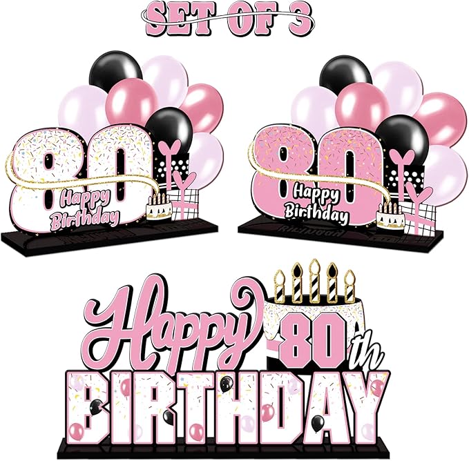 LINGTEER Happy 80th Birthday Pink Acrylic Table Topper Centerpieces Set - Cheers to 80 Years Old Birthday Eighty Bday Party Gift Decorations.