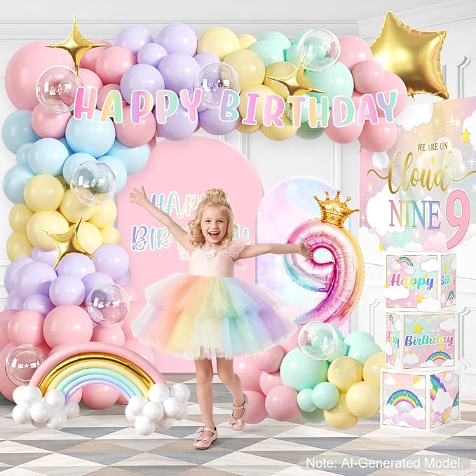 Cocomigo 303pcs On Cloud 9 Birthday Decorations for Girls, Worry-free One-stop Set for 25 Guests, with No-DIY Banner Thick Plates and Cupcake Toppers, Easy Setup for 9 Year Old Girl Birthday
