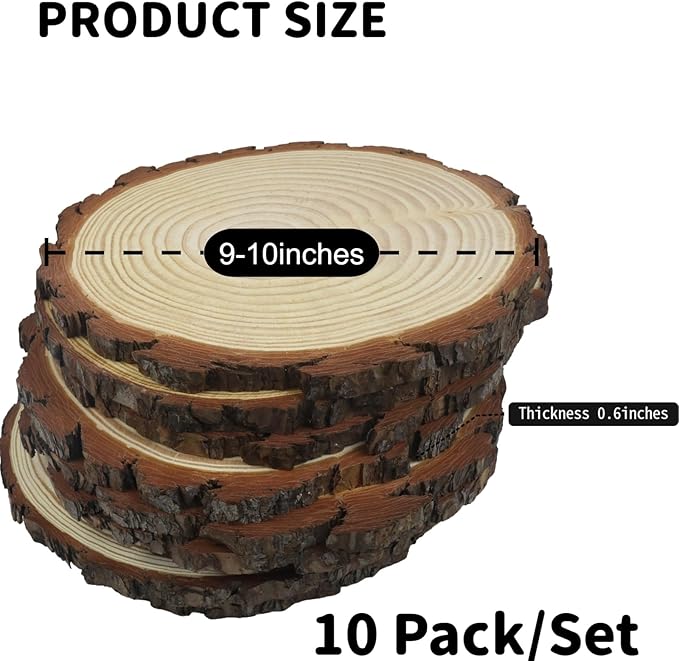 Large Wood Slices for Centerpieces, Natural Rustic Wooden Rounds, 9-10 Inch, Set of 10, Wedding Event Table Decor