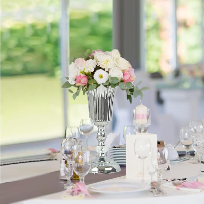 11.6 inches Metal Wedding Flower Trumpet Stripe Vases Table Centerpieces for Artificial Flower,Arrangements Anniversary Celebration/Wedding/Party/Birthday Event Aisle Home Decor (Silver, 6pcs)