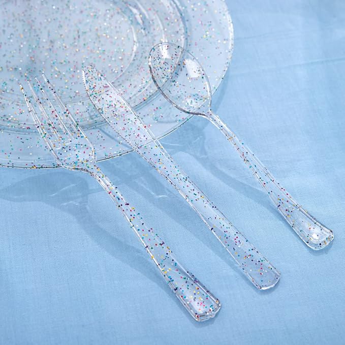 Rubtlamp 180PCS Glitter Plastic Plates with Glitter Disposable Silverware, Clear Glitter Plates for 30 Guests Include 30Dinner Platos, 30Dessert Platos, 90Cutlerys, 30Cups for Party