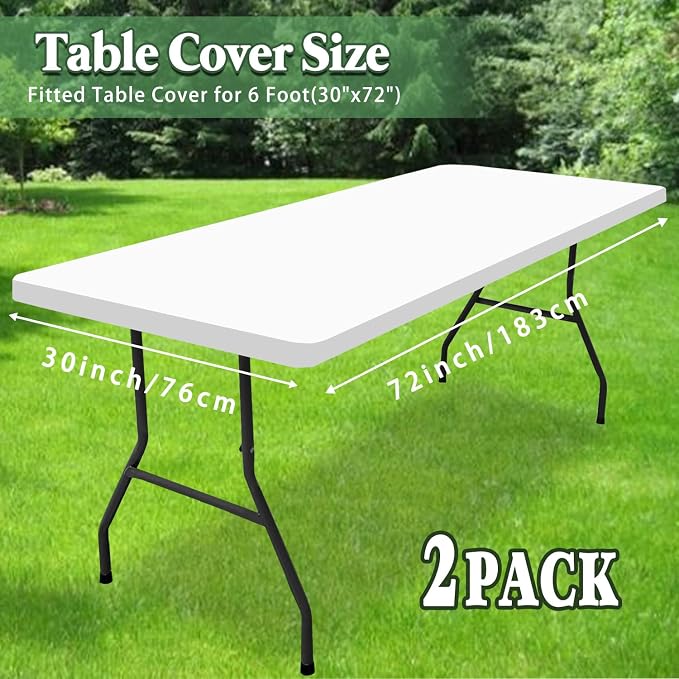 2 Pack Picnic Table Cover Fitted Tablecloths 6 Foot Rectangle Tables Elastic Waterproof Stretch Washable Patio Folding Outdoor Spandex Table Cloth for Camping Banquet and Parties (White,30" x 72")