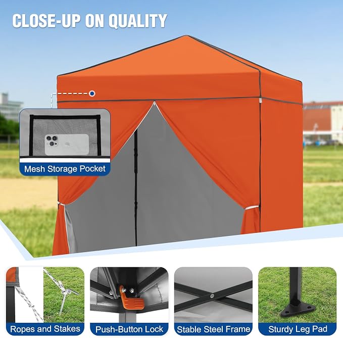 6x4 Pop Up Canopy Tent with Four Wall Panels, Instant Portable Beach Canopy, Outdoor Tent with Carry Bag for Camping, Sports, Tailgating, Events, Orange