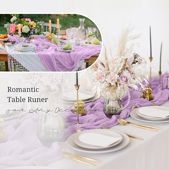 10 Pack Lavender Cheesecloth Table Runner 17x108 Inch Semi Sheer Boho Gauze Cheese Cloth Table Runners, for Wedding Bridal Shower Birthday Party Home Decor Garden Farmhouse
