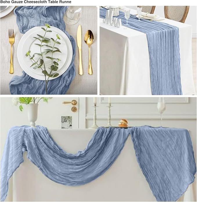12 Pack Dusty Blue 10 Ft Cheesecloth Table Runner 21x120 Inch Boho Wrinkled Sheer Romantic Gauze Decor for Wedding, Bridal Shower, Birthday Party