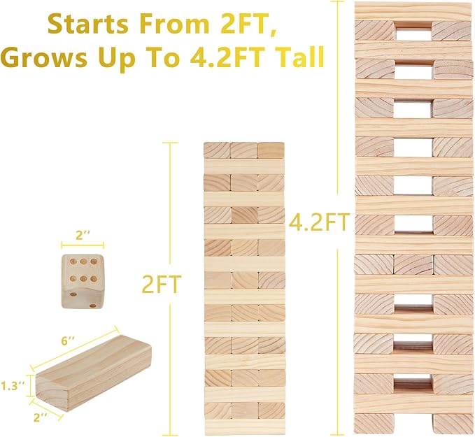 Aivalas Giant Timber Blocks Games, 57 Blocks Large Tower Outdoor Games - Includes Carry Bag and Scoreboard, Wood Stacking Yard Games Grows from 2FT to Over 4.2FT for Kids Adults Family